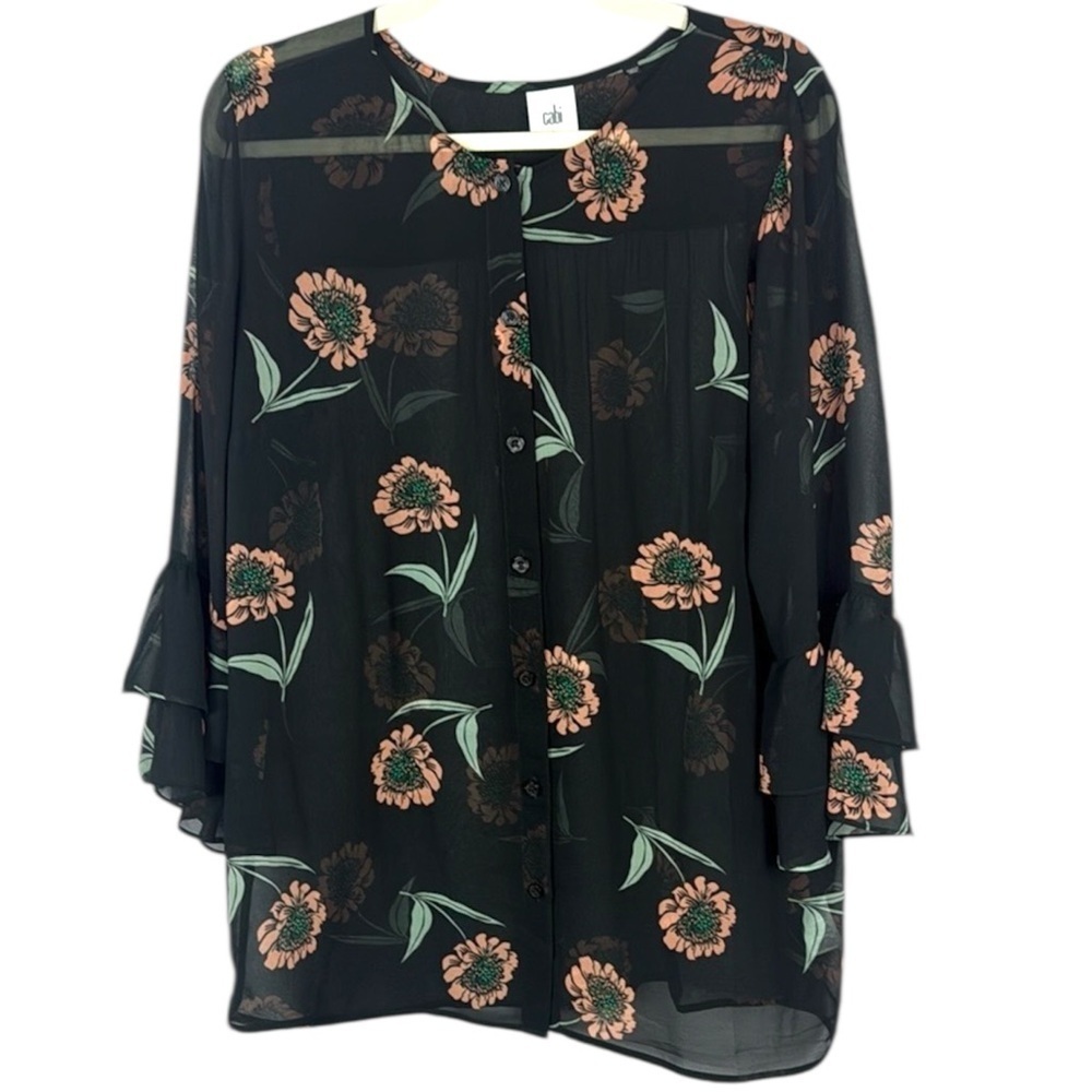Cabi Black Floral Boxy Blouse with Ruffled Bell Sleeves Size Large
